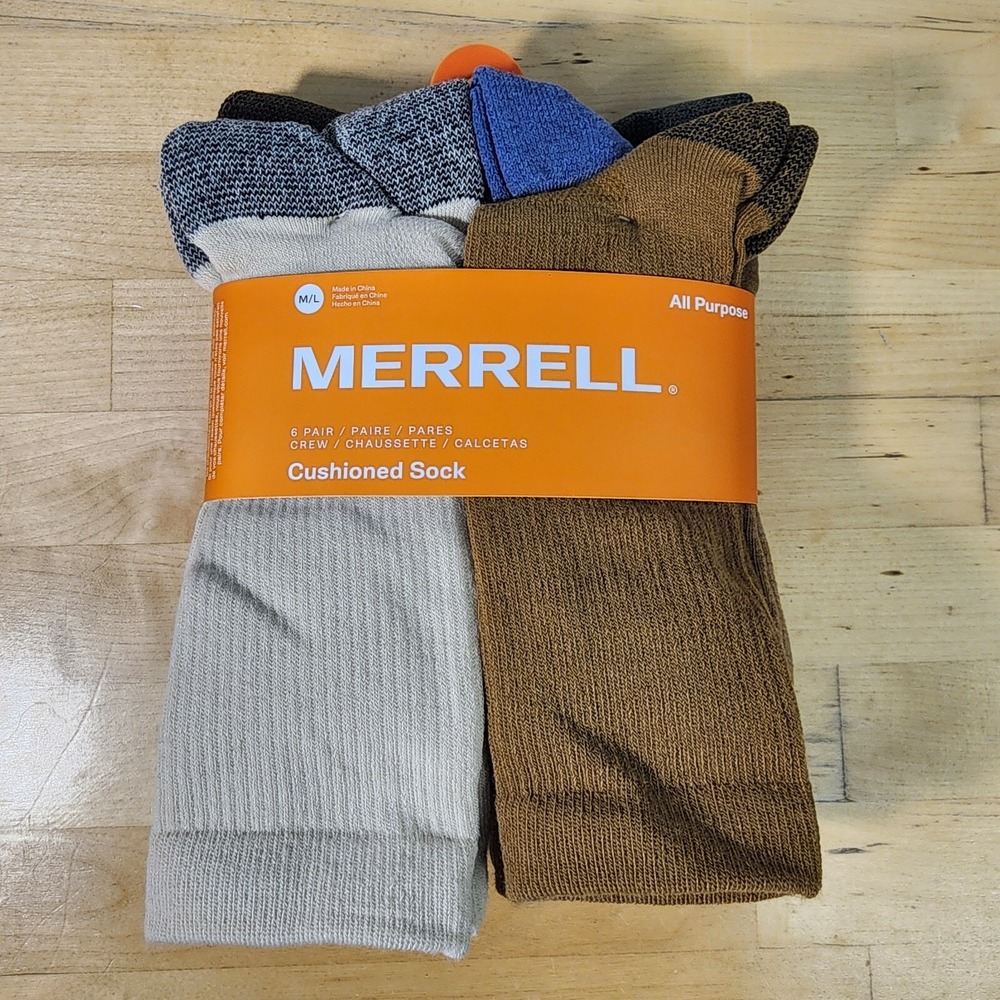 MERRELL All Purpose Cushioned Crew‎ Socks 6 Pair M/L M 9-12 W 10-13 Multicolor